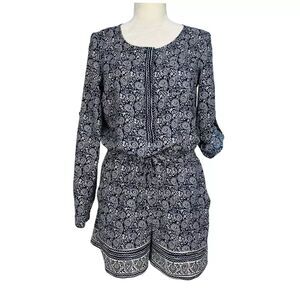 Ann Taylor Loft Paisley Romper Roll Tab Sleeve Blue Womens Size 6 Boho Summer